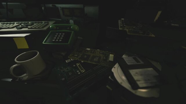 Keyboard, coffee cup and circuit boards under low light, floppy disk and green telephone nearby, chaotic repair scene, focused tinkering, nostalgic atmosphere.