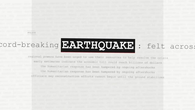 Seamless loop earthquake breaking news headlines montage, 4k stop motion newspaper typography screen overlay
