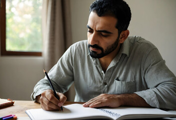 Obraz premium Young indian man writing in a notebook with a pencil at a wooden desk near a window, Education and creativity concept, Education and creativity are central concepts