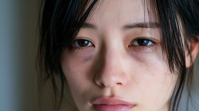 目元のクマと充血を気にする疲れた日本人女性会社員