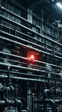 A stark industrial setting showcases a labyrinth of dark pipes illuminated by a solitary red light, creating a striking contrast within the haunting environment of the factory.