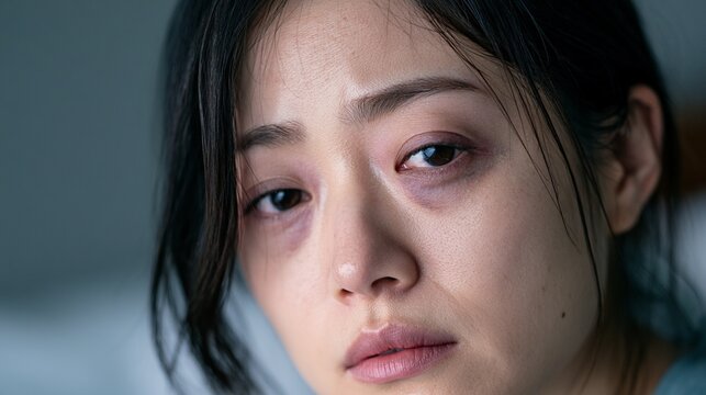過労で目の下のクマが目立つ日本人女性の表情素材