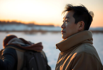 Fototapeta premium Young asian man in winter coat looking thoughtfully at sunset over snowy landscape with blurred companion, the golden light illuminates his face, creating a serene and peaceful atmosphere