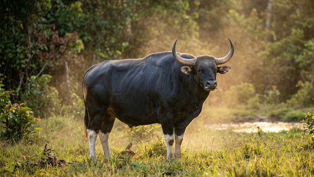 Wild Banteng Bull Standing in Grassland with Golden Hour Light in Borneo Forest, AI Generated