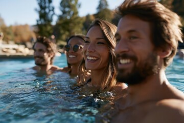Fototapeta premium Group of friends relaxing in a swimming pool on a summer day