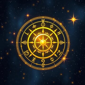 Golden zodiac wheel shines brightly amidst twinkling stars and constellations, bright, sky