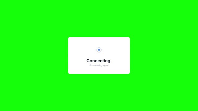 Connecting broadcasting signal status popup window with animated text dots on green screen background