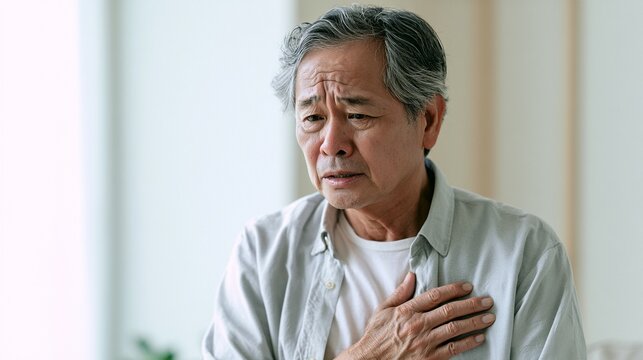 胸に手を当てて体調不良を訴える日本人のシニア男性素材