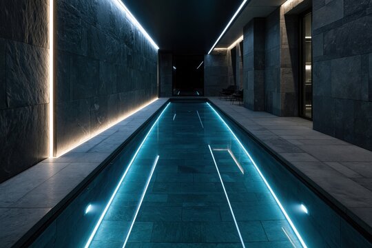 Modern indoor pool with futuristic neon lighting design