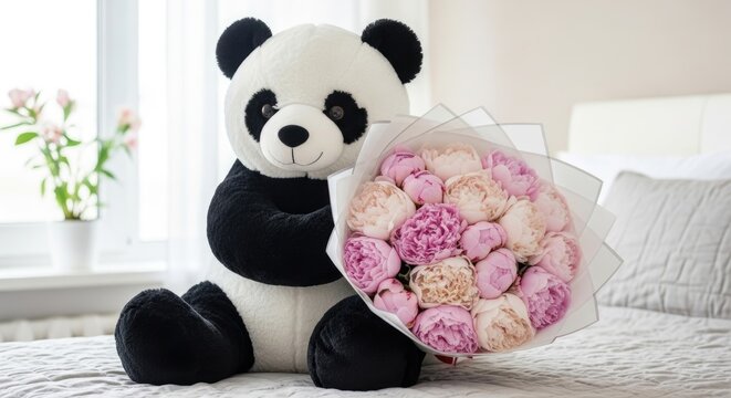 panda bear holding bouquet of pink roses on bed