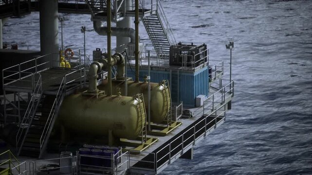 Auxiliary units on oil rig deck with generators, pumps and control boxes, hoses and secured crates staged for operations, tightly framed engineering cluster