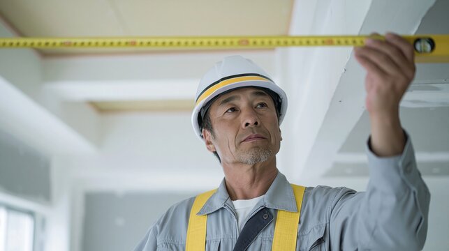 メジャーで壁の寸法を測る日本人のベテラン大工職人