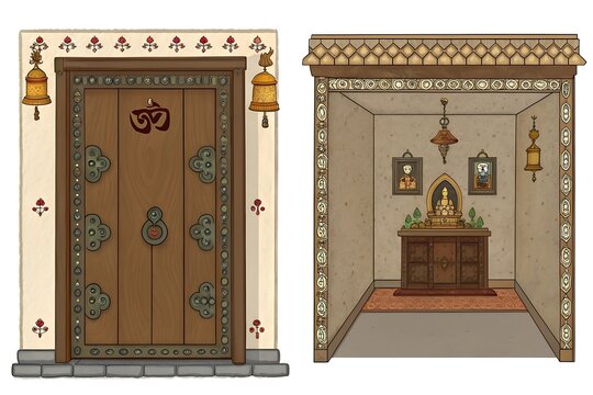 Traditional temple doors with interior shrine view