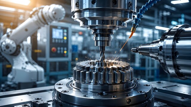 CNC milling machine cutting metal gear with flying sparks and robotic arm representing automated industrial manufacturing and precision engineering