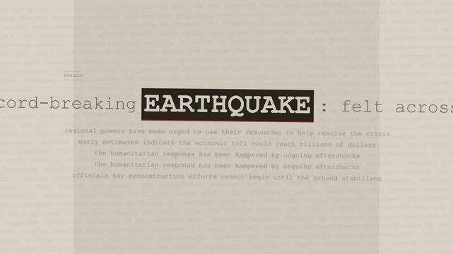 Seamless loop vintage earthquake archival records text montage, 4k retro newspaper microfiche stop motion overlay