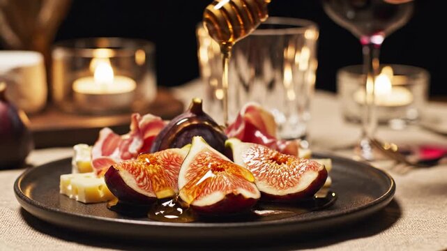 A golden drizzle of thick nectar falls gracefully onto a plate of fresh figs and savory cheese slices arranged for an intimate evening dinner party setting illuminated by warm candlelight glow
