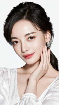 Young asian woman touching face in portrait, beauty skin care, white background