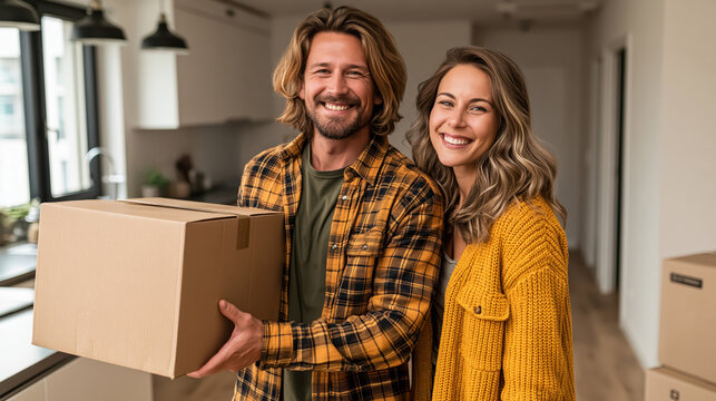 Happy young couple moving box new apartment smiling man smiling woman relocation home interior cardboard box