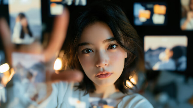 Portrait young woman digital archive screen search hand face image online technology asian woman short hair soft light blurred background focused