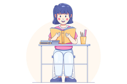 Happy school girl reading a book at a classroom desk in a cheerful educational cartoon illustration