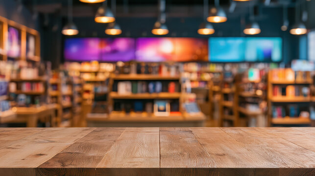 Wood table bookstore blurred background interior shelf lamp light display window cafe empty rustic brown retail reading library shopping wooden