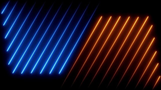 Blue and Orange Neon Diagonal Light Lines on Dark Black Background Featuring Abstract Glowing Stripe Pattern with Futuristic Digital Geometry