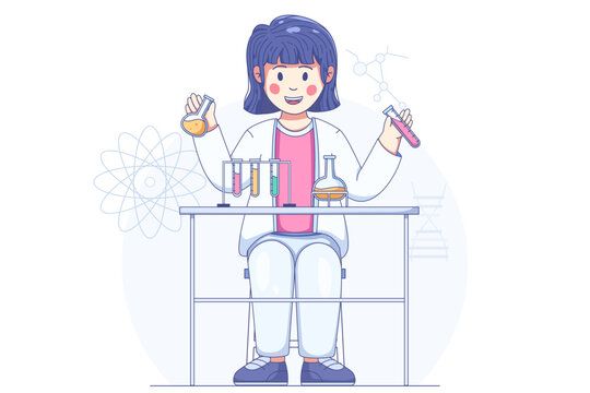Happy school girl doing a chemistry science experiment in a laboratory classroom cartoon pastel illustration