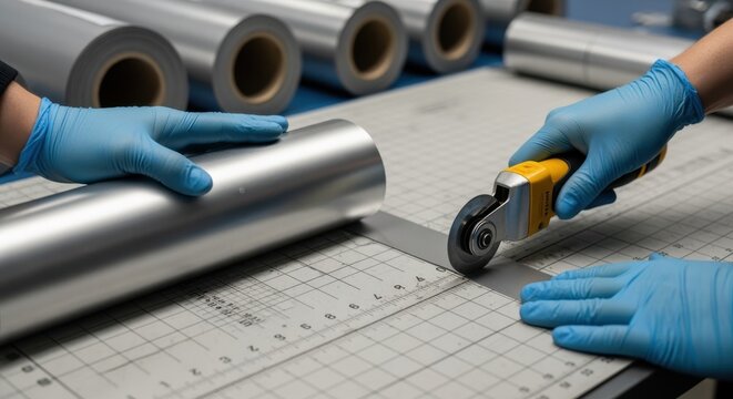 Detailed shot of magnetic shielding material rolls being measured and cut precisely for integration into a SQUID magnetometers shielded environment.