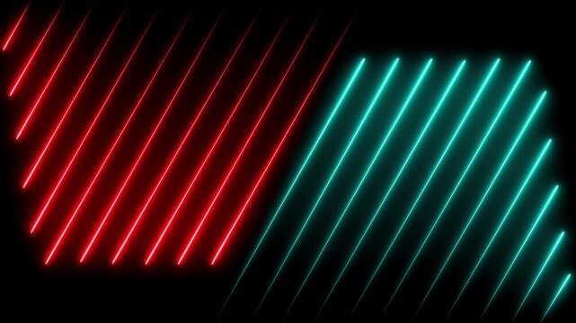 Red and Cyan Neon Diagonal Light Lines on Dark Black Background Featuring Abstract Glowing Geometric Stripe Pattern with Futuristic Digital Style