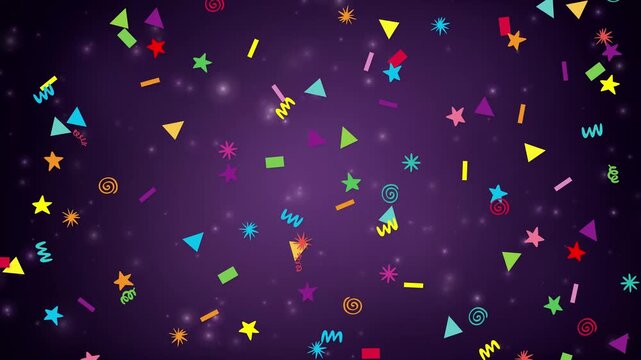 Colorful Geometric Confetti Falling Over Glowing Purple Background