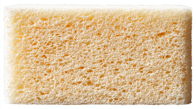Rectangular yellow porous cleaning sponge isolated against pure white background for household maintenance with displays single rectangular highly porous texture