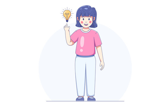Happy Young Girl Having Bright Idea Cartoon Illustration symbolizes with a glowing light bulb.