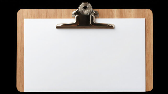 Blank white sheet attached to wooden clipboard against solid black background for professional note taking with secured polished wooden clipboard metallic clip