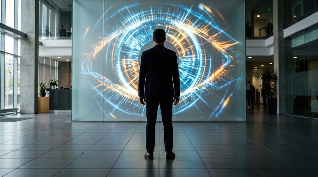 Businessman observing digital eye projection in modern office lobby