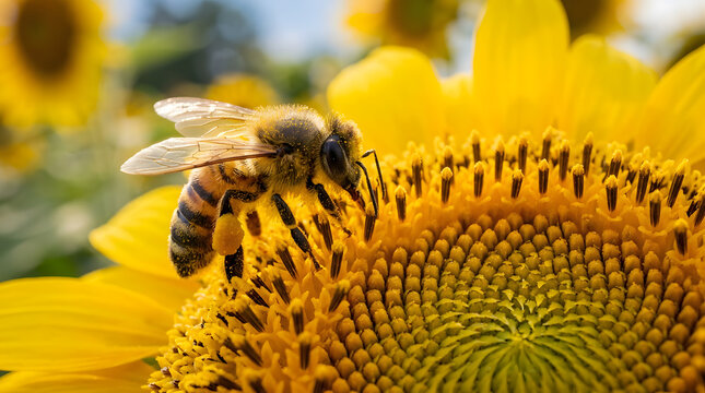 A close up shot of a honeybee gathering pollen on a bright yellow sunflower