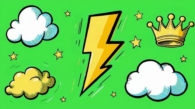 Bright yellow lightning bolts and crowns on a green background with clouds and stars