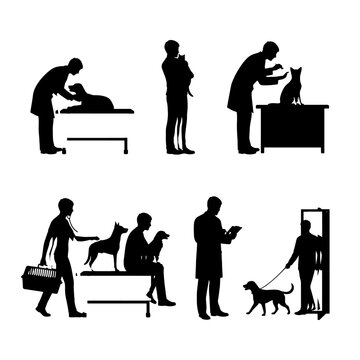 Collection of veterinarian silhouettes showing pet examinations, veterinary consultations, animal health care, dog and cat checkups, pet clinic visits, treatment, and veterinary services. 