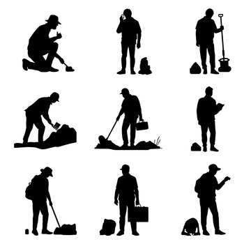 Collection of archaeologist and excavation worker silhouettes featuring digging, field surveys, metal detecting, excavation tools, artifact discovery, and archaeological research activities. 