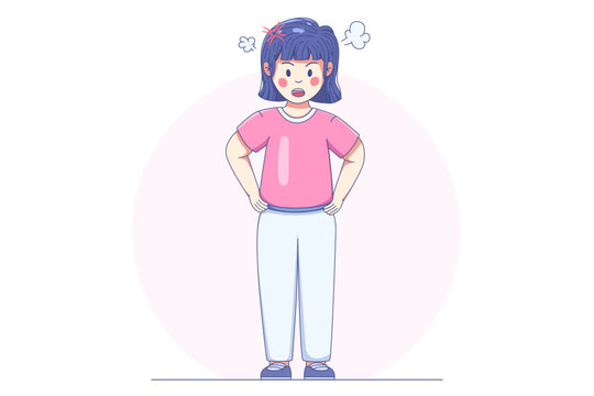 Young girl standing with hands on hips, showing an angry facial expression and frustration 