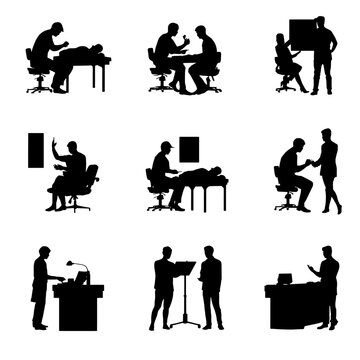 Collection of business meeting and office silhouettes featuring interviews, consultations, presentations, office work, teamwork, client meetings, and professional communication. Ideal for corporate