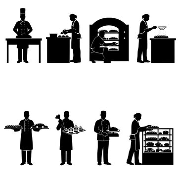 Collection of bakery and pastry silhouettes featuring bakers, pastry chefs, bread baking, bakery oven, dessert preparation, cake display, and food service scenes. Perfect for bakery, cafe, restaurant