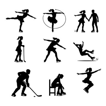 Collection of figure skating and ice sports silhouettes featuring figure skaters, ice dancers, hockey player, winter sports activities, and skating poses. Perfect for sports, recreation, winter events
