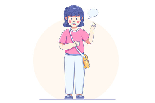 Friendly young girl waving while speaking with a speech bubble, expressing greeting and communication