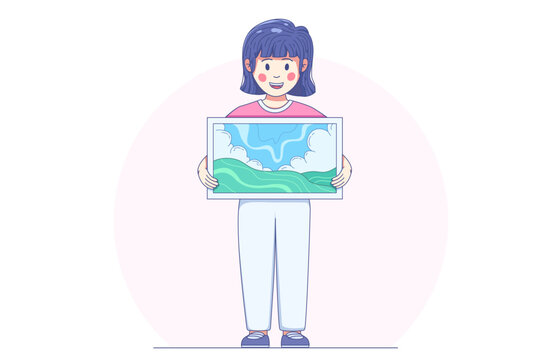 girl proudly showing her drawing in elementary school art class education concept