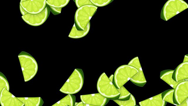 Falling Lime Slices Animation on Solid Black Background