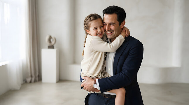 Father and daughter bonding in luxury home interior. Affluent family moment with child hugging parent in modern living room.
