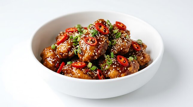 Spicy glazed chicken wings with chili peppers and sesame seeds in a bowl. general tso chicken