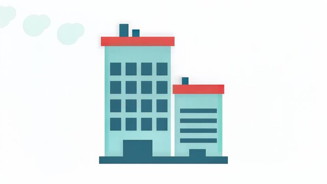 Animated urban skyline with modern office buildings and red rooftops, featuring light blue facades and floating clouds, symbolizing corporate growth and city development