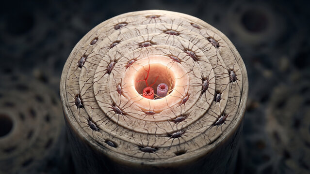 3D scientific illustration of an osteon or Haversian system showing the structural unit of compact bone tissue