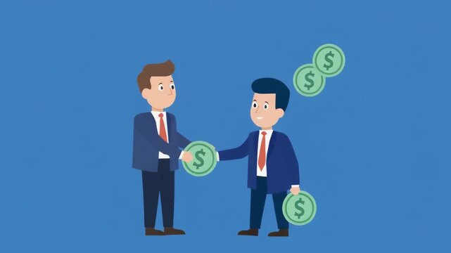 Businessmen shaking hands with money raining down in a simple flat animation